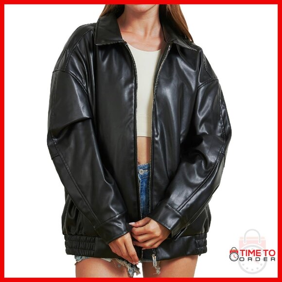 Oversized Faux Leather Jacket Women's Motorcycle Bomber Coat Y2K
